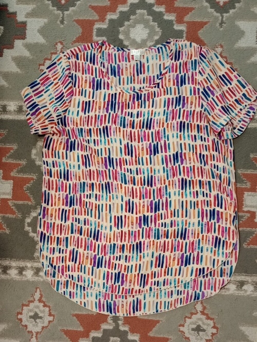 Spense Multicolor Brushstroke Print Short Sleeve Blouse